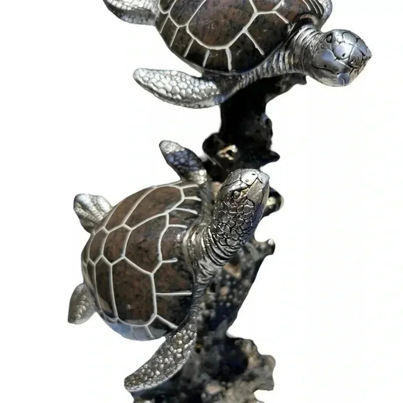 2 Swimming Sea Turtles Polystone Figurine 12" Decorative Coral Metallic Granite - Picture 6 of 9